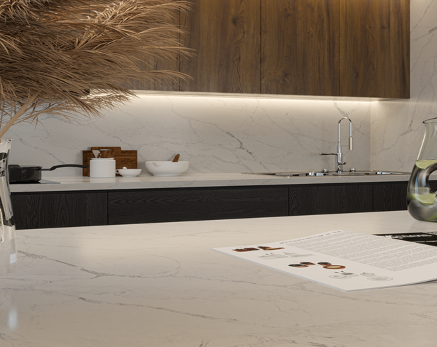 Кварцевый агломерат Grey Monet BQ‑6800 в эко стиле интерьера кухни